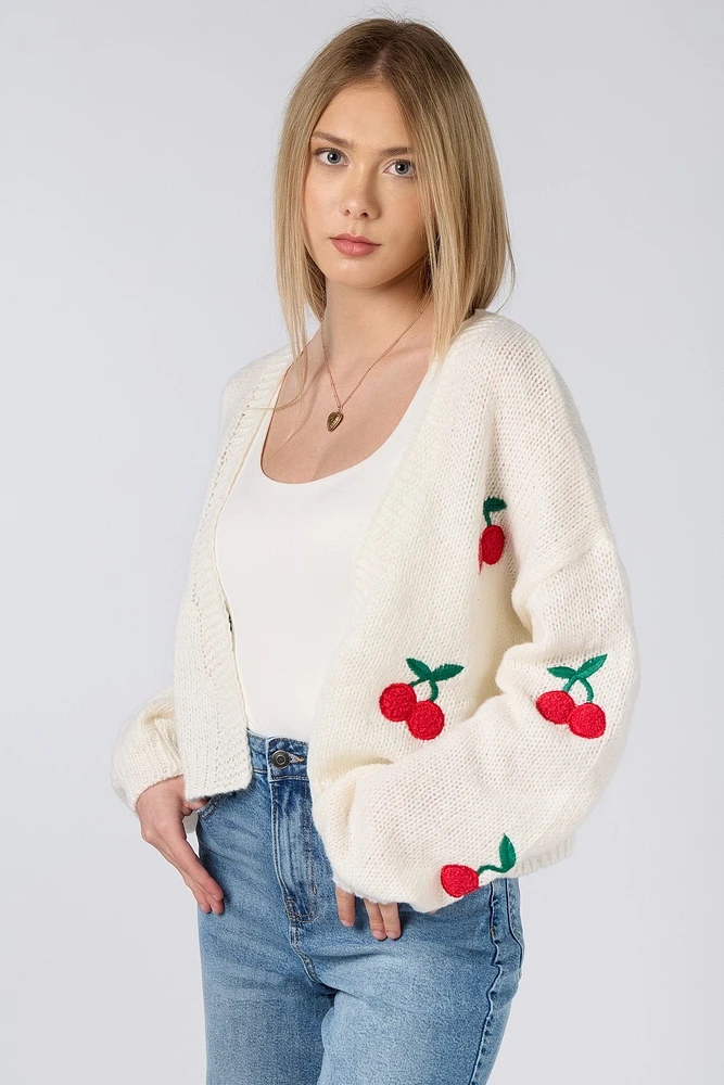 Cherry Embroidered Open Cardigan