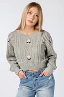 Floral Embroidered Cabled Cropped Sweater