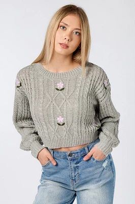 Floral Embroidered Cabled Cropped Sweater