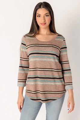 Stripe 3/4 Sleeve Scoopneck Sweater