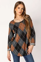 Argyle Print 3/4 Sleeve Scoopneck Supersoft Sweater