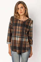 Plaid Hacci 3/4 Sleeve Scoopneck Top