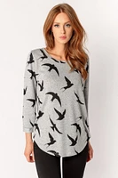 Bird Print 3/4 Sleeve Supersoft Scoopneck Sweater