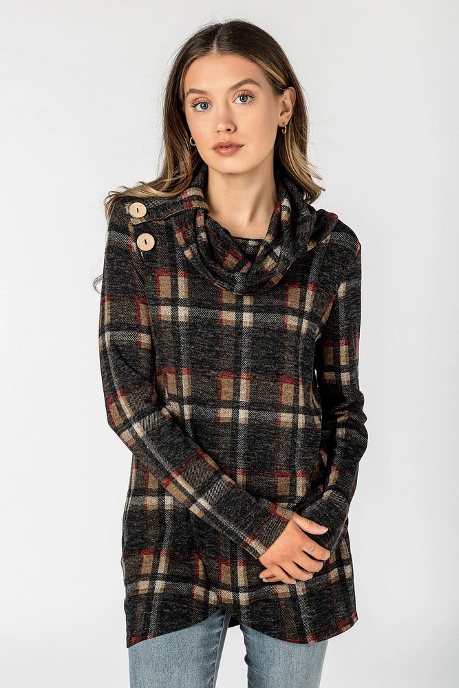 Plaid Hacci Crossover Cowl Neck Long Sleeve