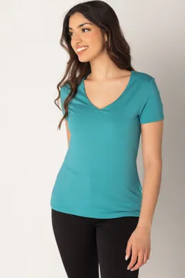 Brushed Double Layer Cap Sleeve V-Neck Tee