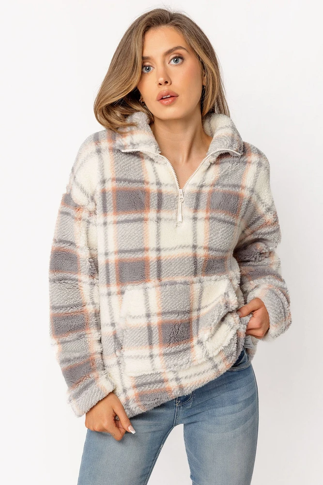 Plaid Quarter-Zip Teddy Sherpa Popover