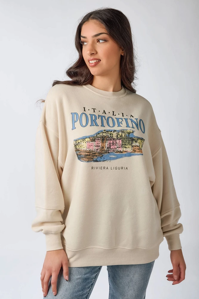 "Italia Portofino" Fleece Long-Sleeve Crewneck Sweatshirt