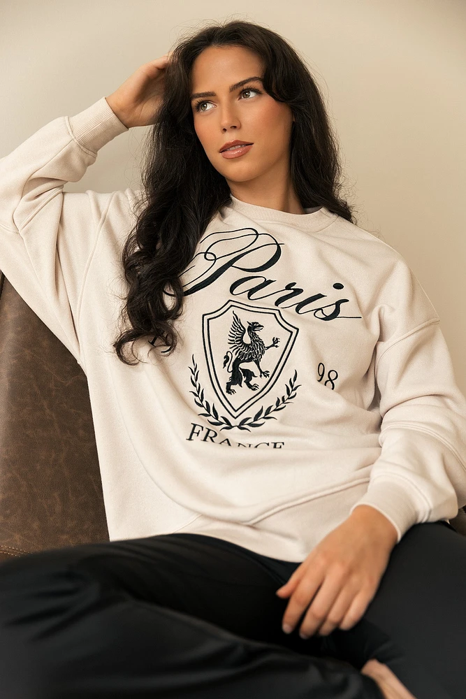 Fleece Crewneck Sweatshirt with Paris Graphic