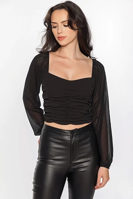 Ruched Crop Top with Chiffon Balloon Sleeves