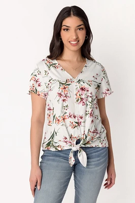 Bouquet Floral V-Neck Top with Tie-Front