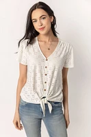 Eyelet Short Sleeve Tie-Front Top