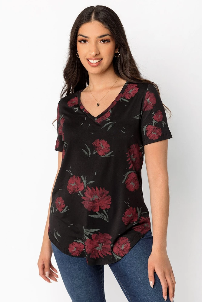 Floral Short-Sleeve V-Neck Top