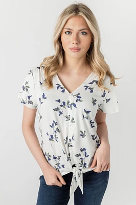 Floral Print Button-Up Top with Tie-Front