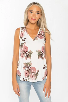 Pink Large Floral Sleeveless V-Neck