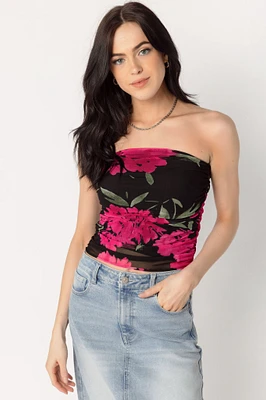 Bright Floral Mesh Ruched Tube Top