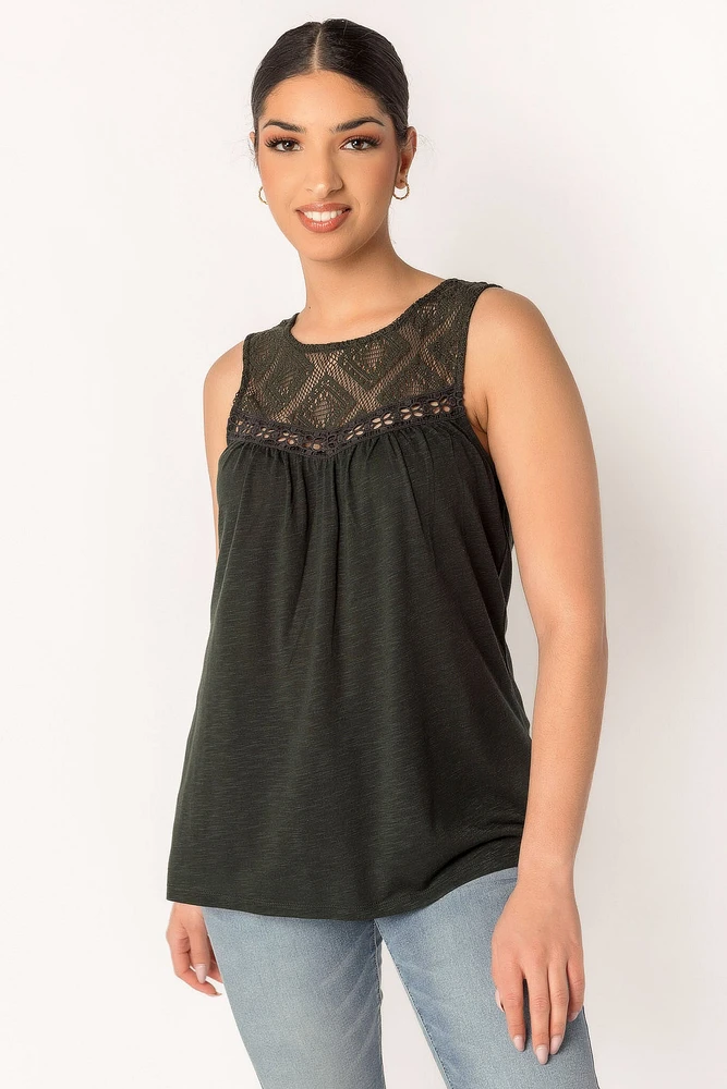 Slub Tank with Lace Trim