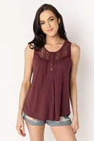 Camisole fil flammé col Henley avec bordure dentelle