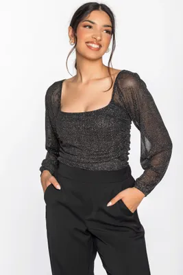 Glitter Mesh Balloon Sleeve Bodysuit