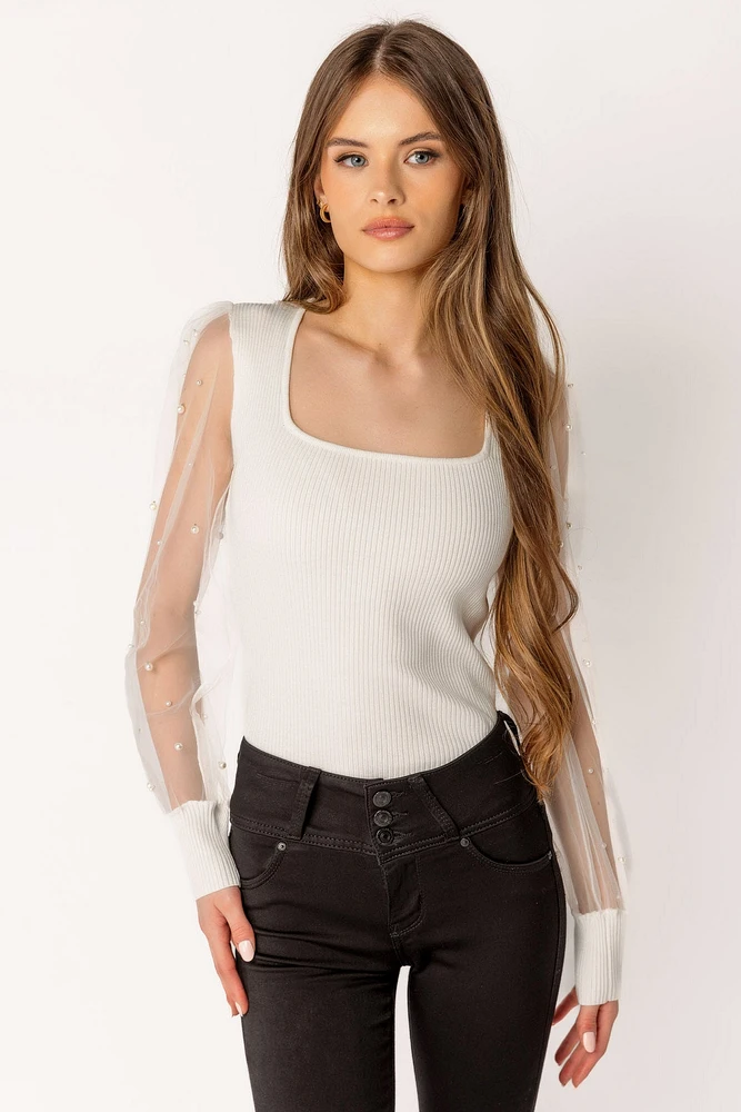 Ribbed Pearl Sweater with Illusion sleeves