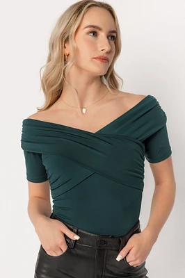 Ruched Crossover Off-the-Shoulder Bodysuit