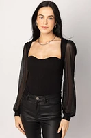 Black Ribbed Balloon Sleeve Bodysuit