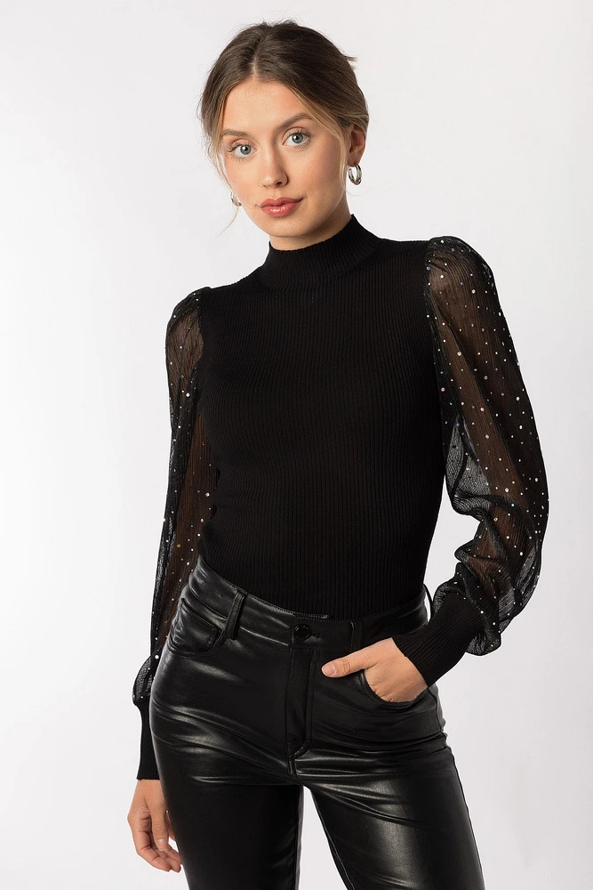 Rhinestud Mesh Balloon Sleeve Mockneck Top