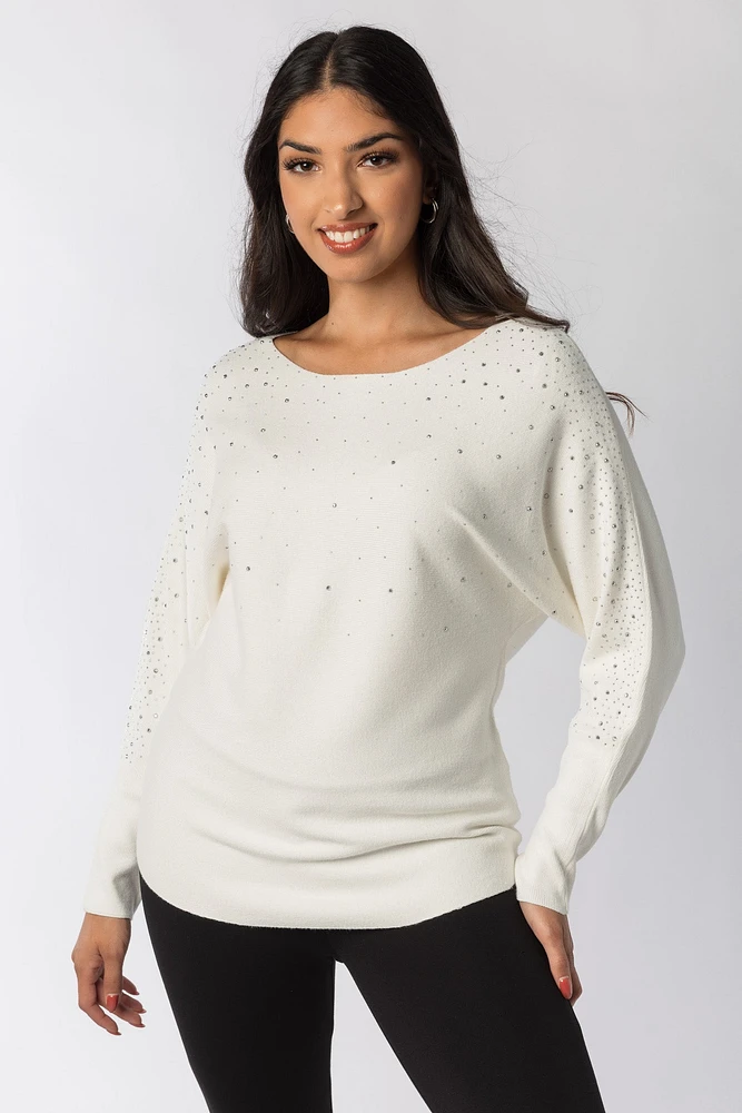 Rhinestone Studded Dolman Sweater