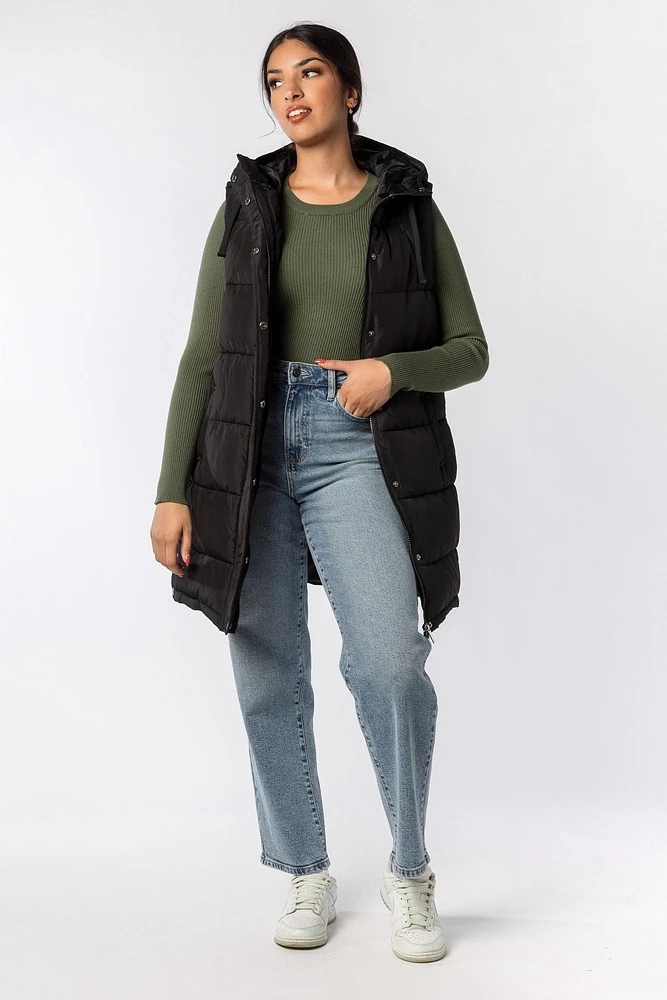 Hooded Midi Puffer Vest with Side Snaps