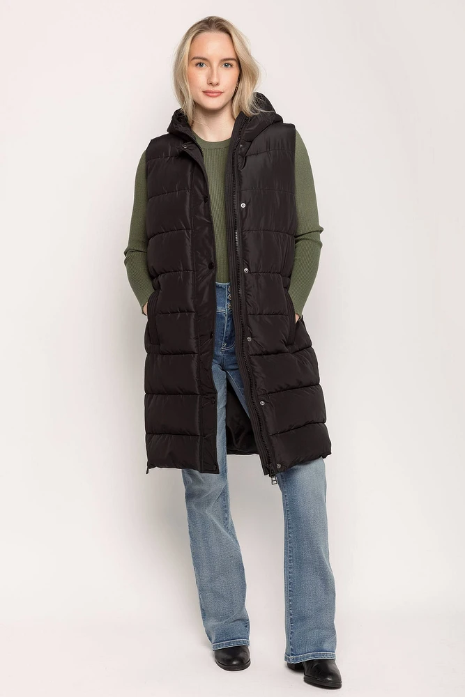 Hooded Midi Puffer Vest with Side Zippers