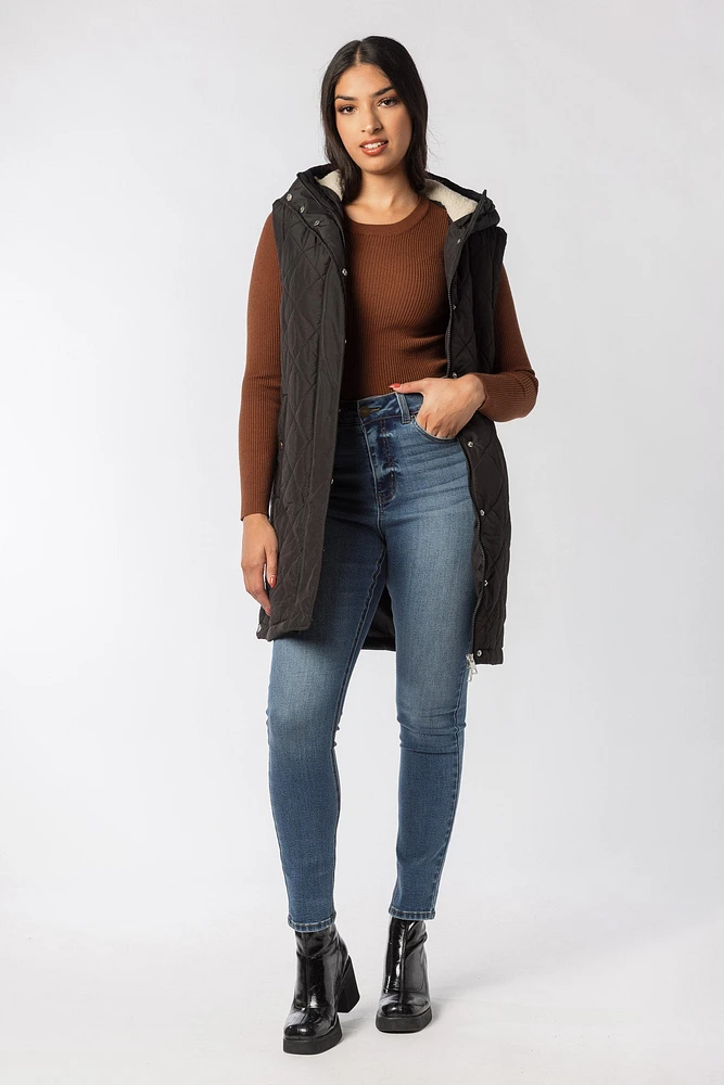 Quilted Puffer Midi Vest with Sherpa Lined Hood