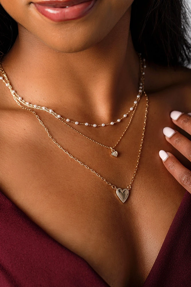 Triple Strand Necklace with Pearls and Heart Pendants