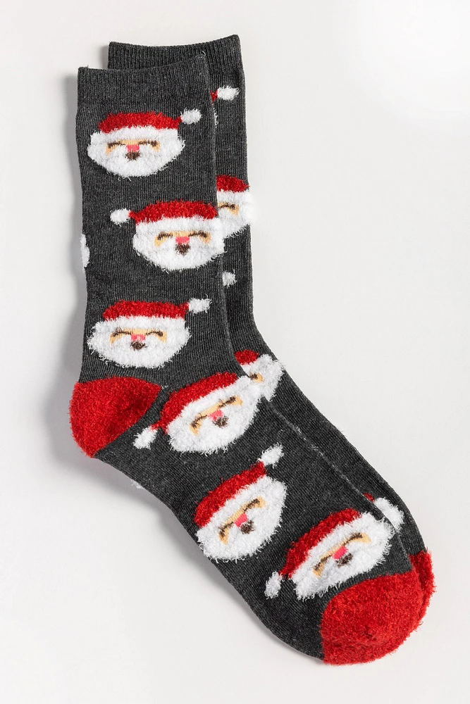 Fuzzy Santa Socks with Contrast Heel and Toe