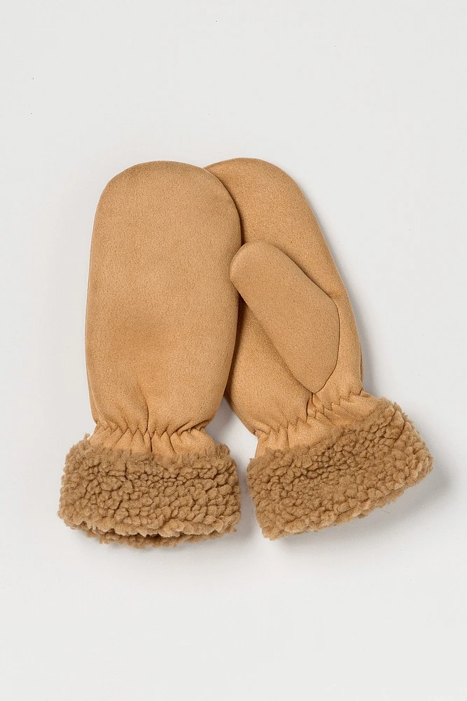 Faux Suede Mitten with Sherpa Cuff and Faux Fur Lining