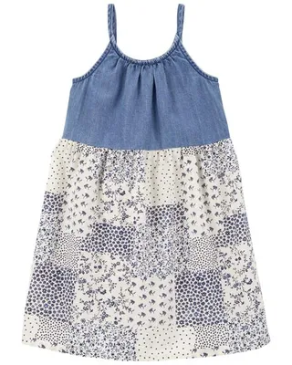 Toddler Tiered Denim and Patched Print Dress
