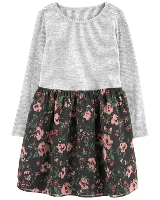 Kid 2-in-1 Ribbed Tee & Floral Chiffon Skirt Dress