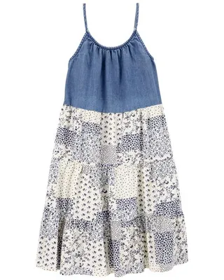 Kid Tiered Denim and Patched Print Dress