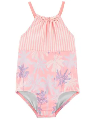 Baby Palm and Stripe Mix-Print 1-Piece Swimsuit