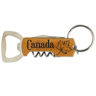 Wood Canada Maple Leaf Corkscrew and Bottle Opener w/Knife Keychain