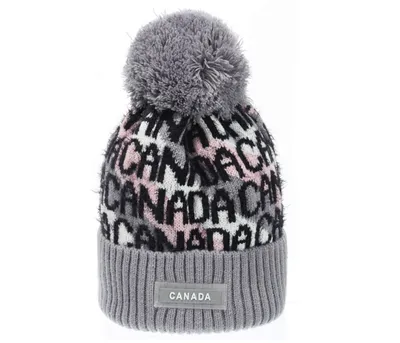 Grey Canada Text Wrapped Toque w/Pom-Pom