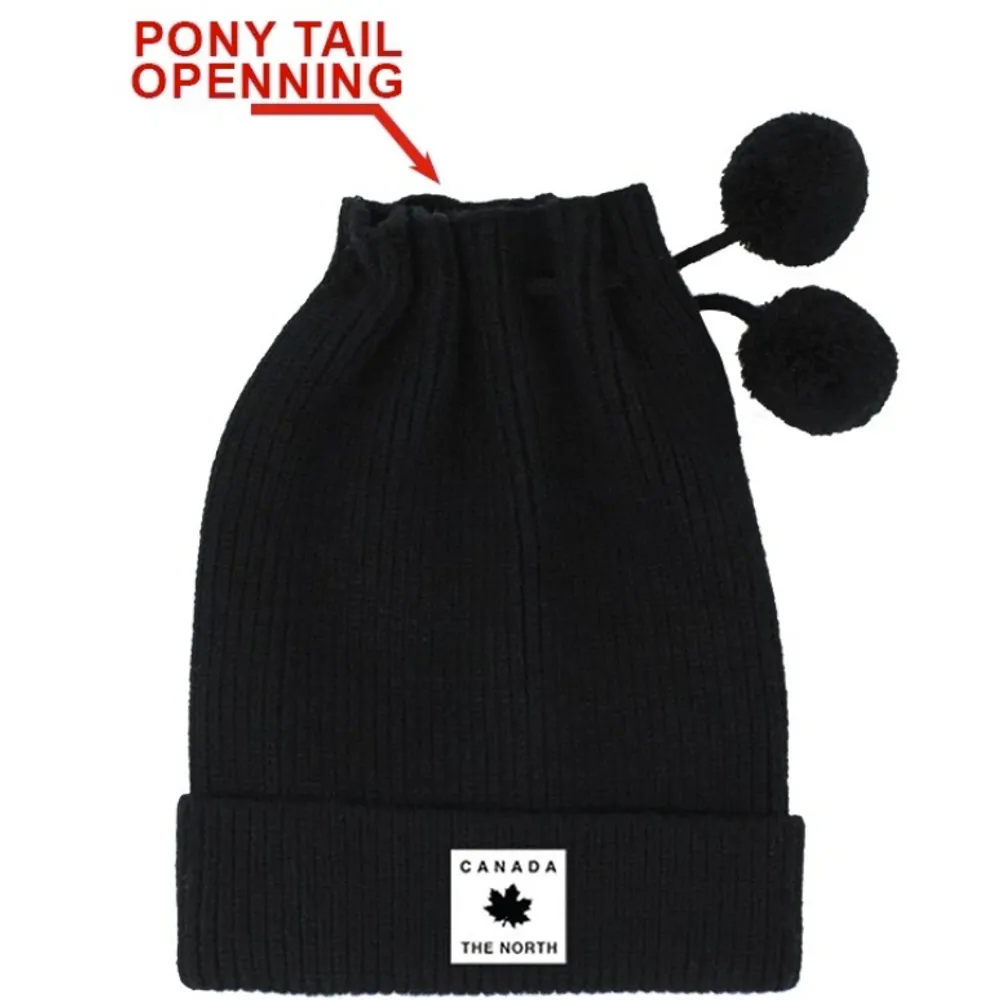 Womens’ Black Ponytail Opening w/Pom-Poms Toque