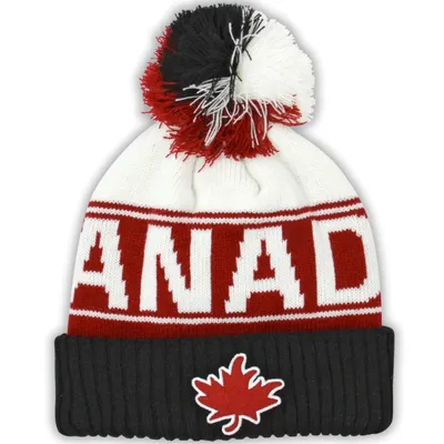 Cream Black and Red Athletic Maple Leaf Toque w/Pom-Pom