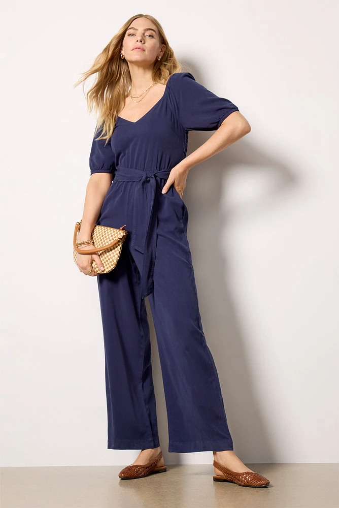 Puff Sleeve Belt Tie Jumpsuit