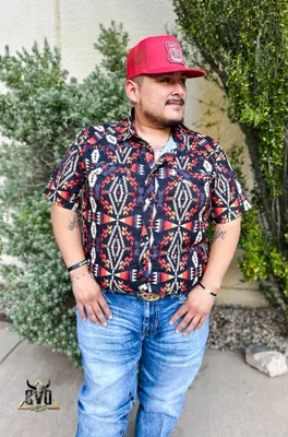 Rock & Roll Red Aztec Short Sleeve Ripstop Pearl Snap Shirt