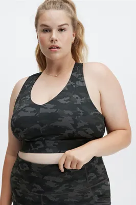 Fabletics On-The-Go Midi Medium Impact Sports Bra Womens Charcoal Camo/Black Logo plus Size 4X