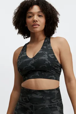 Fabletics On-The-Go Midi Medium Impact Sports Bra Womens Charcoal Camo/Black Logo Size