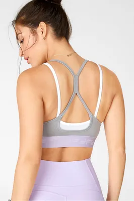 Fabletics Poppy Seamless Sports Bra Womens Haze Grey/White/Sky Purple Logo Size XS