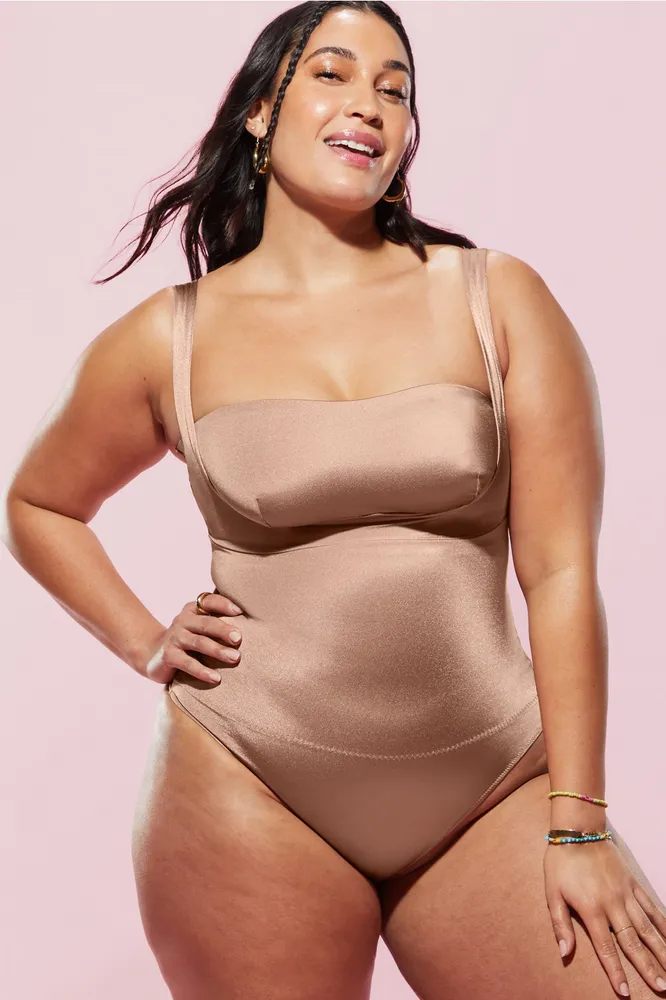 Fabletics Headliner Shaping Open Bust Thong Bodysuit Womens Brown Sugar Size