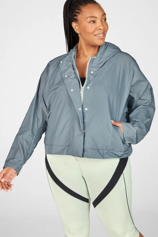 Fabletics Halle Cropped Hooded Jacket Womens Raincloud/Cool Mint1