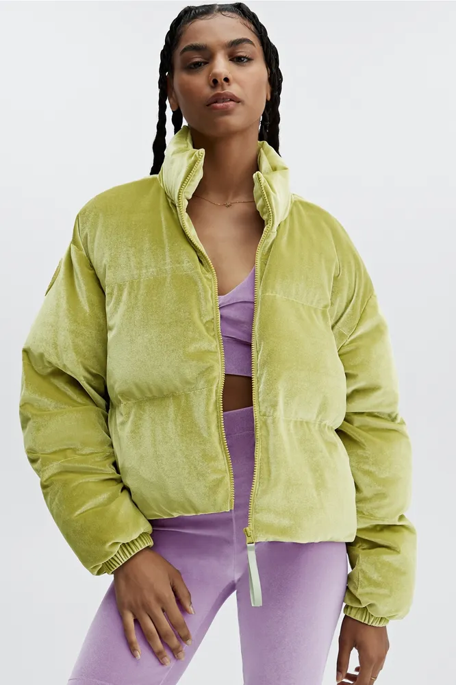 Fabletics Wander Velour Cropped Puffer Jacket Womens green Size XXL