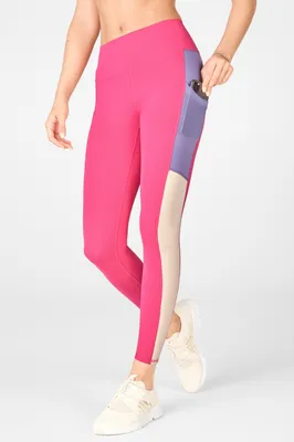 Fabletics On-the-Go High-Waisted Legging Womens Plush Pink/Violetta/Tapioca Size
